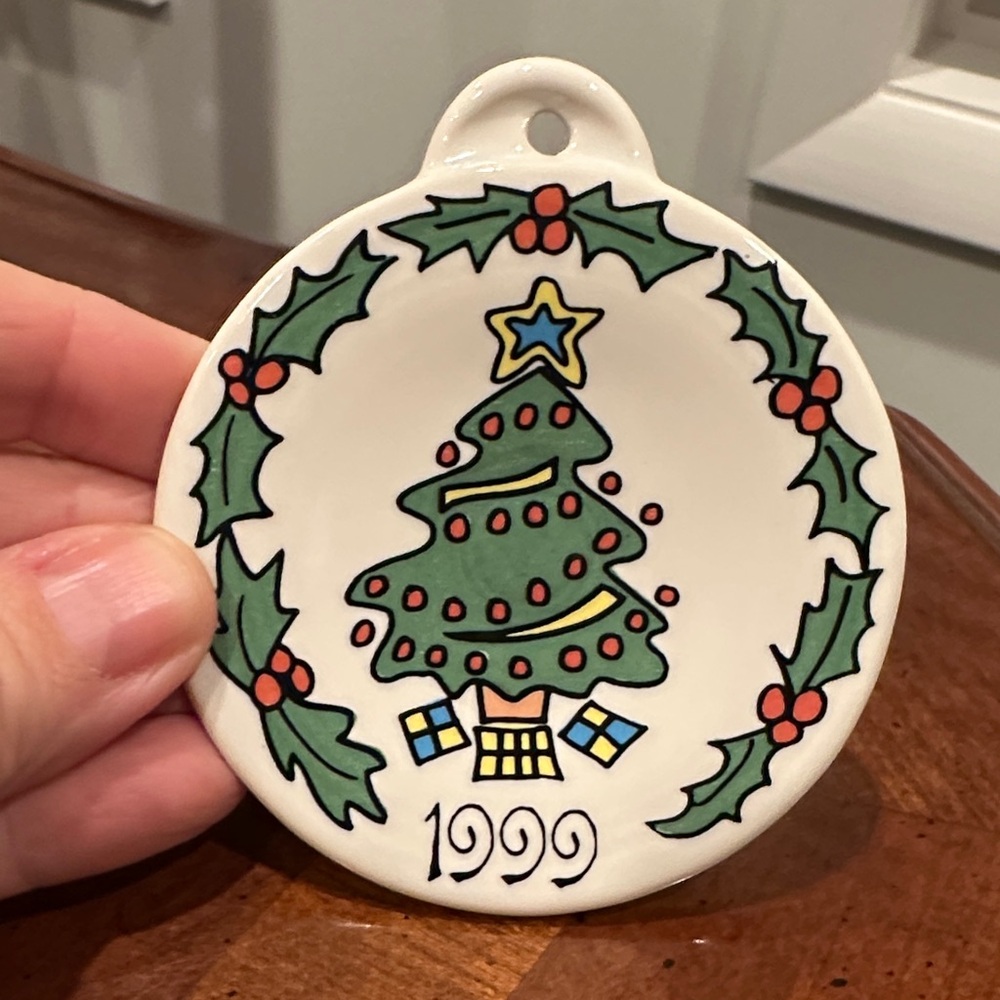 Fiesta White Ornament with Green and Red Christmas Tree Design